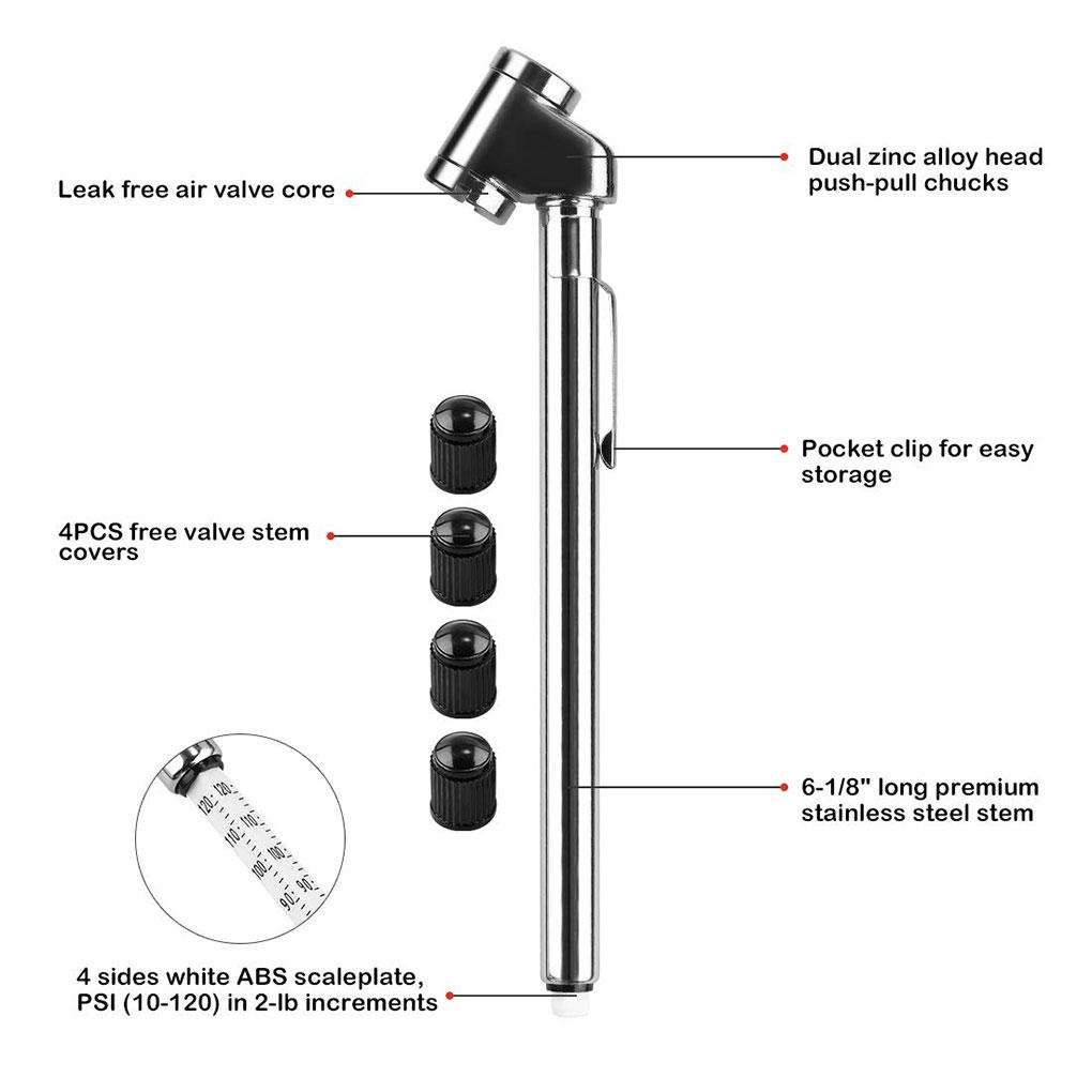 Pencil Tire Pressure Gauge, 10-120 PSI Dual Head Trucks Air Gage Accurate Mechanical Dually Chuck Wheel Service Checker
