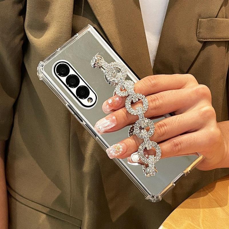Makeup mirror is suitable for Samsung ZFold7 mobile phone case folding Zfold6/5 rhinestone chain four corners anti-drop protective cover