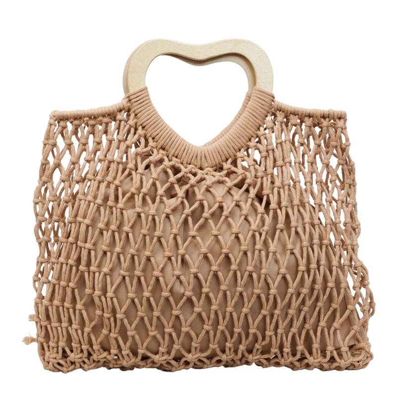 

Fashion Large Capacity Solid Heart Wooden Handle Mesh Bags for Women Hot Sale Concise Casual Hollow Out Woven Sweet Tote Bags хаки