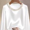 Women Tops Round Neck Long Sleeve Smooth Satin Pullover Tops Solid Color Loose Fit Faux Pearls Decor Casual Shirt Daily Wear