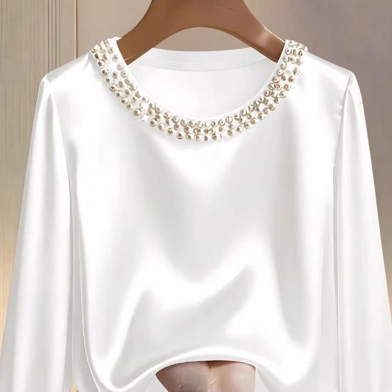 Women Tops Round Neck Long Sleeve Smooth Satin Pullover Tops Solid Color Loose Fit Faux Pearls Decor Casual Shirt Daily Wear