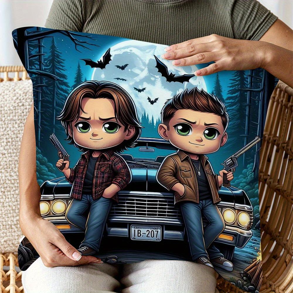 1Pc Chibi Supernatural Sam & Dean Pillow Cover, 2D Double-Sided Print Polyester Throw Pillow Case, Impala & Moonlit Forest Decor