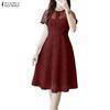 ZANZEA Vestido Feminino Casual de Verão com Gola Redonda, Manga Curta e Renda