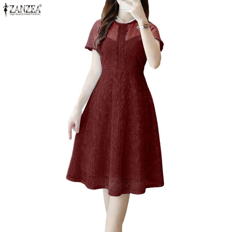 ZANZEA Vestido Feminino Casual de Verão com Gola Redonda, Manga Curta e Renda