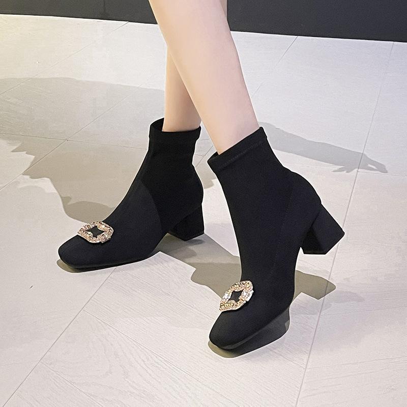 Suede rhinestone square buckle high-heeled elastic boots Korean version thin boots thick heel square head short boots women's autumn and winter sing