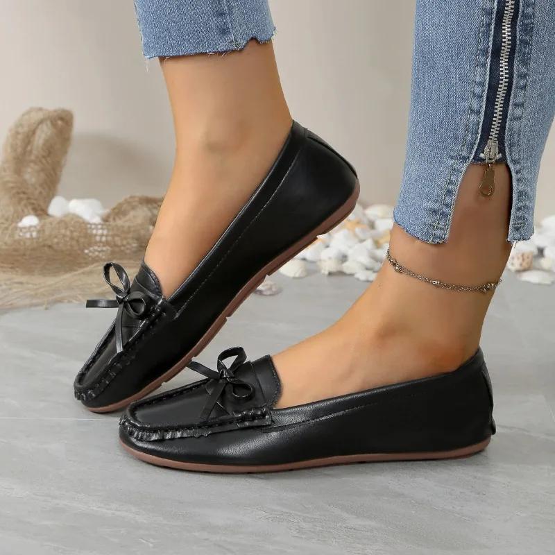 Fashion 2025 New Outdoor Comfortable Women's Slip On Casual Flats Round Toe Soft Bottom Bow Tie Sewing Flats for Daily Wear & Plus Size