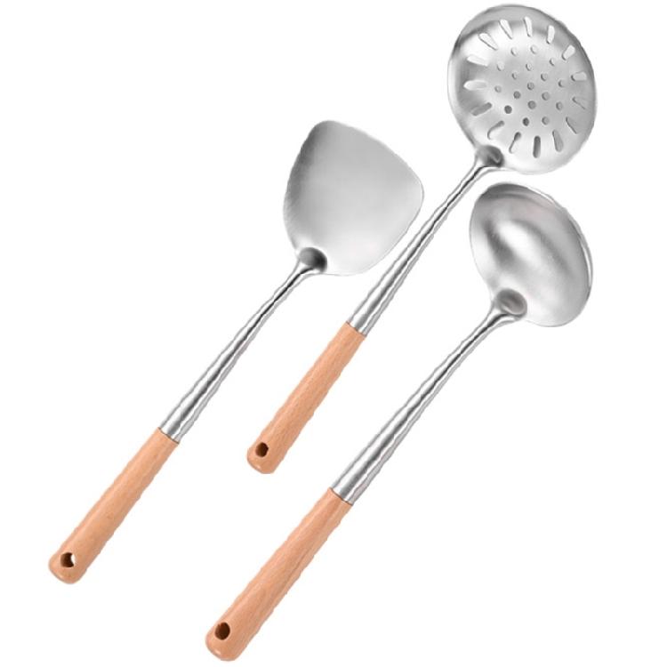 

3Pcs Stainless Steel Cooking Utensils Set Heat Resistant Wood Handle Wok Spatula, Soup Ladle, Colander Enduring 1