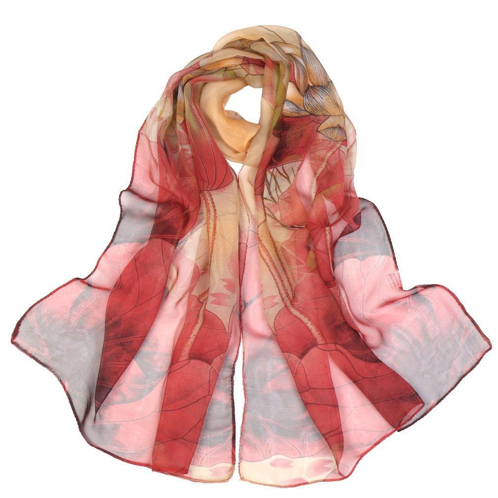 Lotus Geogette Medium-Long Silk Printed Scarf Summer Sunscreen Shawl Mom Gift Style Dance Versatile