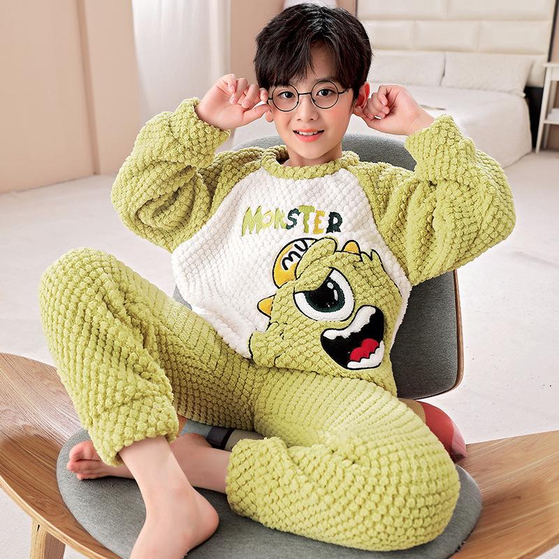 Flanell-Cartoon-Pyjama für Jungen - Langärmlig, Rundhalsausschnitt, Korallenfleece, Herbst/Winter