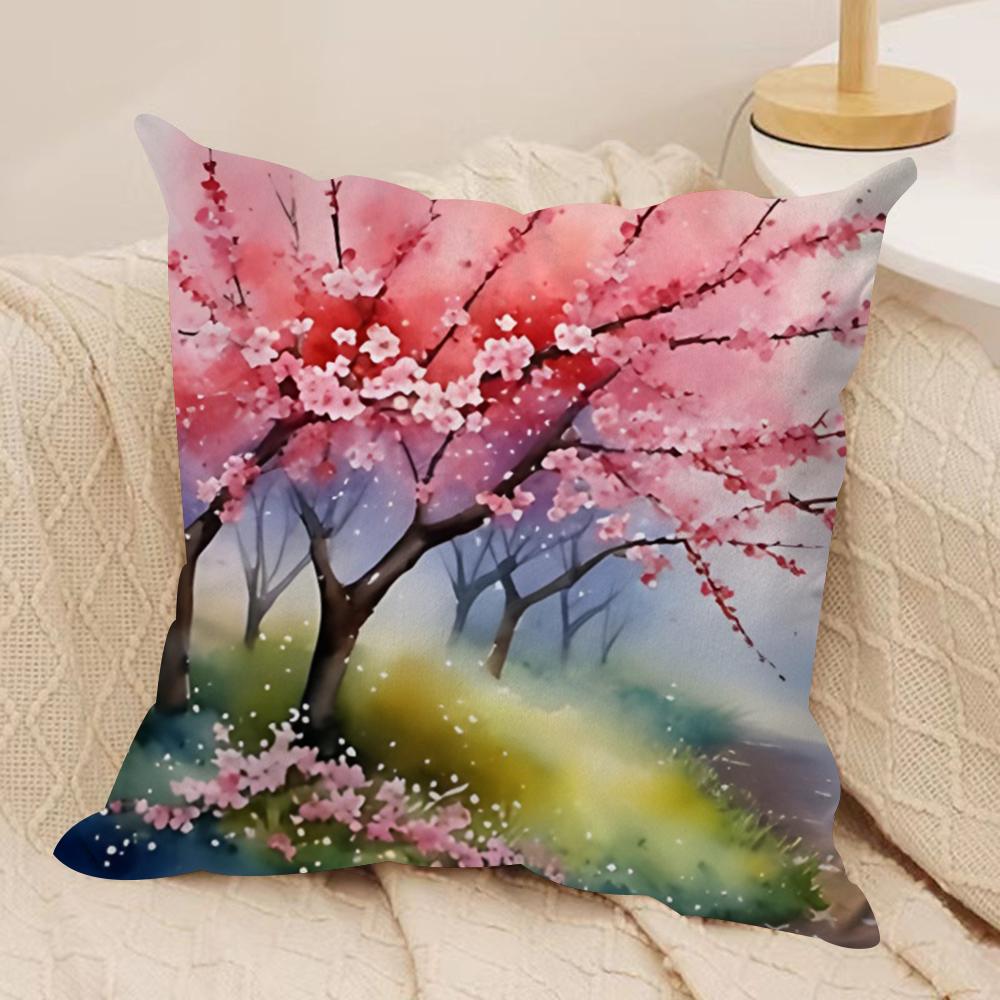 Cherry Tree In Spring Cushion Cover Soft Plush Fabric Double-Sided Printed Sofa Cushion Cover For All Seasons Home Decor Gift