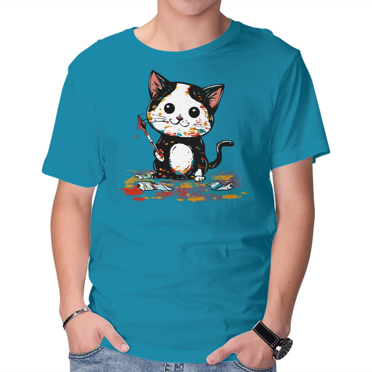 Unisex Crew Neck T-Shirt Artistic Cat Graphic Short Sleeve Casual Tee XXL