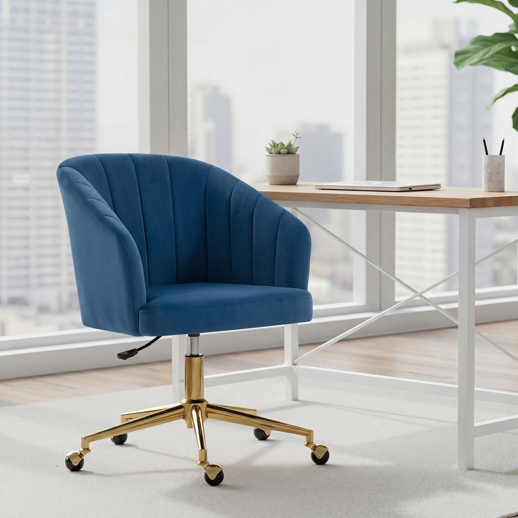 Office Chair With Velvet Wheels Padded Backrest Adjustable Height High Resilience Foam Blue