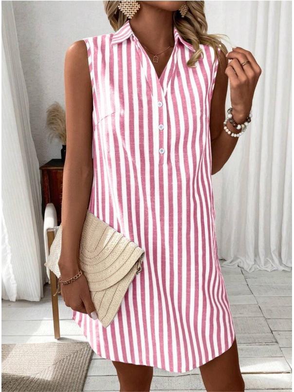 2026 Spring/Summer Sleeveless V-neck Button Striped Shirt Dress - Casual Women s Wear Double Extra Large вино красного