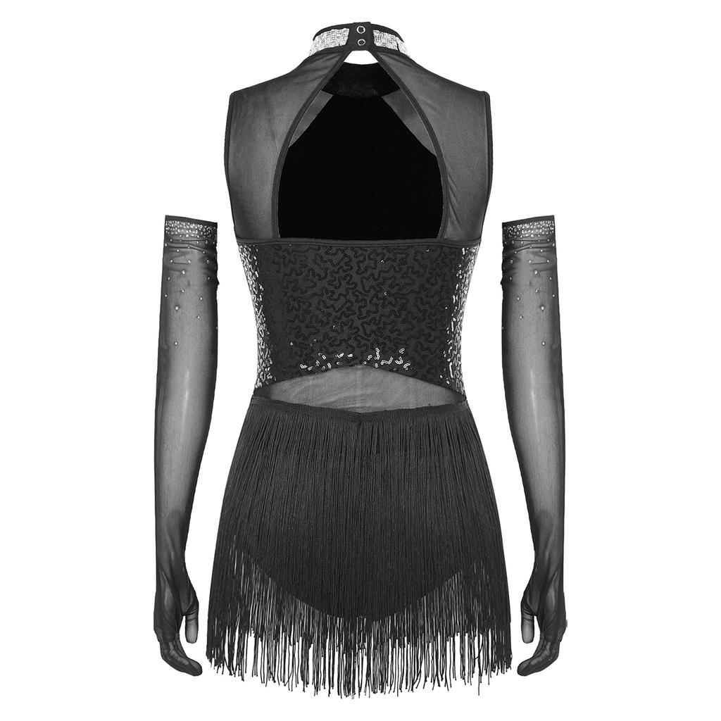 Damen Latin Tanz Kostüm Funkelnder Strassstein Kragen Netz Patchwork Fransen Pailletten Performance Kleid