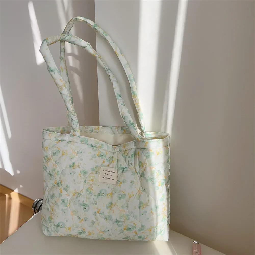 Cotton Floral Tote Bag for Women  Handbag Trendy Chic Puffy Top Handle Bag Quilted Padded Shoulder Bag Designer Shopper Bags