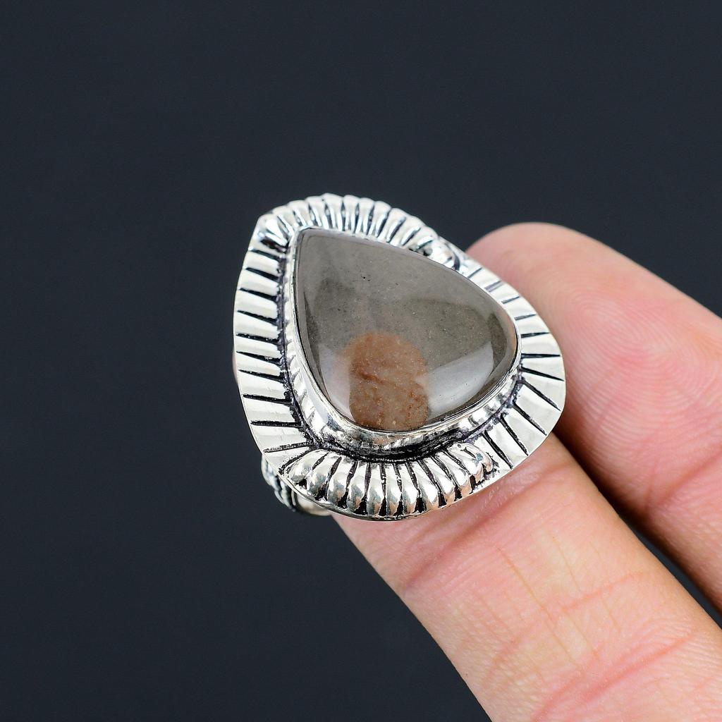Pear Polychrome Jasper Gemstone 925 Silver Promise Handmade Wife New Ring US 8.5