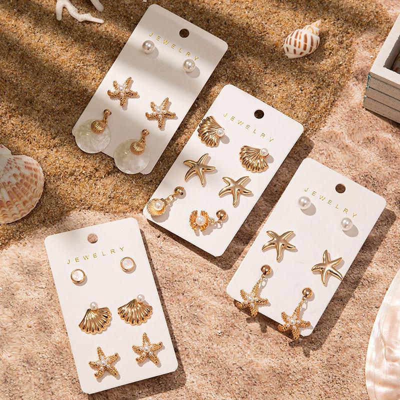 3Pairs Earring Set Gold Color Plated Imitation Shell Smooth Sea Star Pendant Pearl Earrings Women's Jewelry Gift