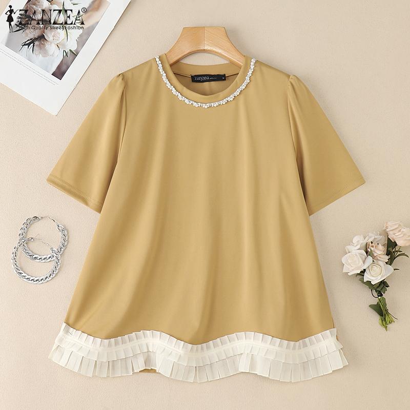 ZANZEA Bluză casual de vară pentru femei, cu gât rotund, mânecă scurtă, cu aplicații