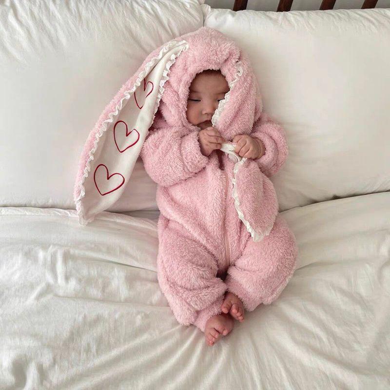 

New Korean-Style Ins Plush Thickened Rabbit Ear Jumpsuit, Cute and Warm Outdoor Clothing for Autumn and Winter Pink 66