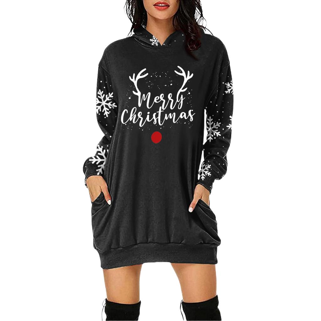 Rochie Pulover cu Glugă și Mâneci Lungi cu Buzunar și Imprimeu de Crăciun pentru Femei