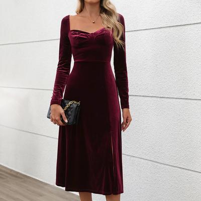 2025 New Fall Slit Midi Velvet Solid Color Square Neck Dress