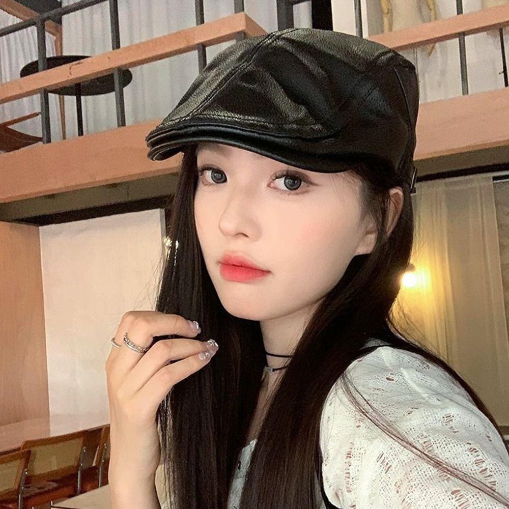 Fashion PU Beret Hat Casual Retro Painter Hat British Style Adjustable Leisure Visor Cap Men Women