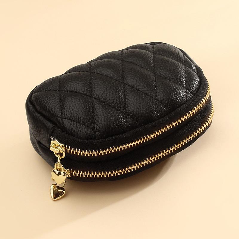Genuine Cowhide Short Wallet Double Zipper Around Coin Purse Women's Credit Card Holder