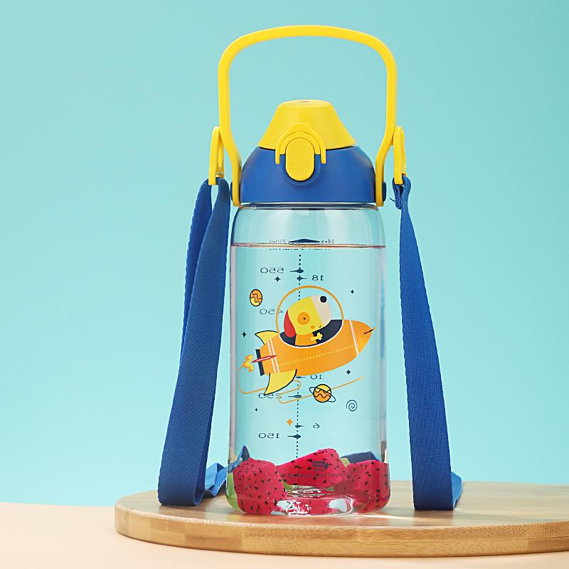 Neue Sport-Wasserflasche mit Strohhalm für Kinder, tragbar, auslaufsicher, umweltfreundliches Kunststoff-Trinkgeschirr, Zeitmarkierung, Tritan-Becher, BPA-frei