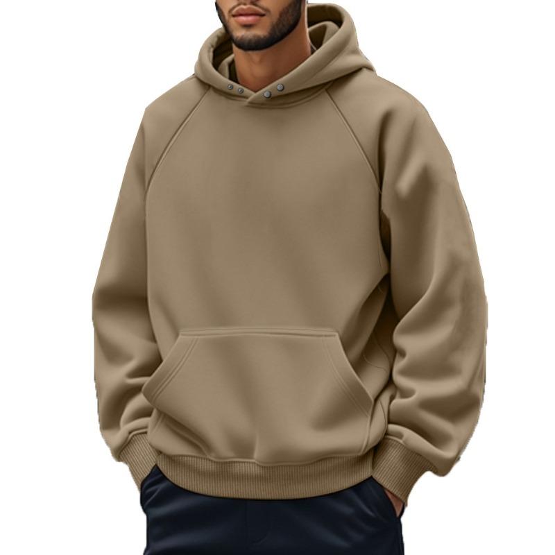 Men Solid Color Raglan Hoodie Snap Button Neck Kangaroo Pocket Loose Fit Casual Long Sleeve Sweatshirt S хаки