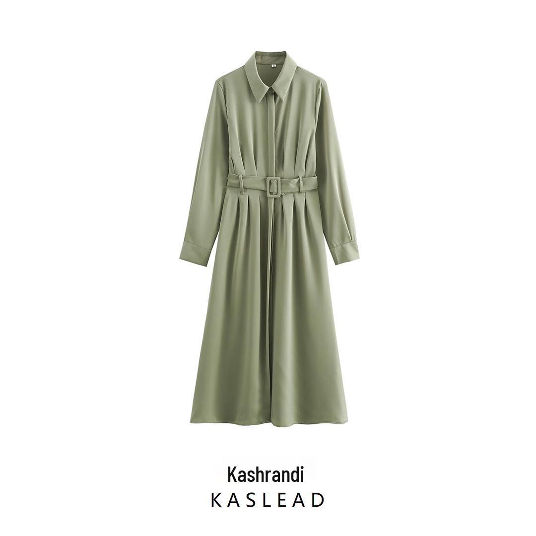 

2024 Summer Women s European & American Style Long Sleeve Belted Casual Dress Medium зелений