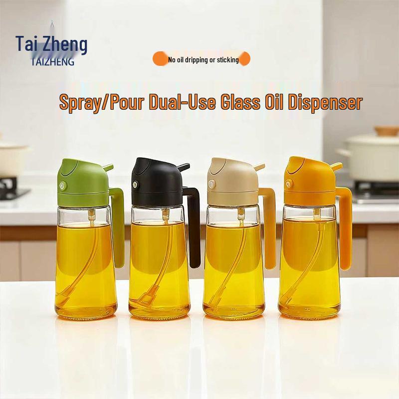 Dual-Use Spray & Pour Oil Bottle with Precise Control, Thick Glass, Large Diameter, Leak-Proof Design.