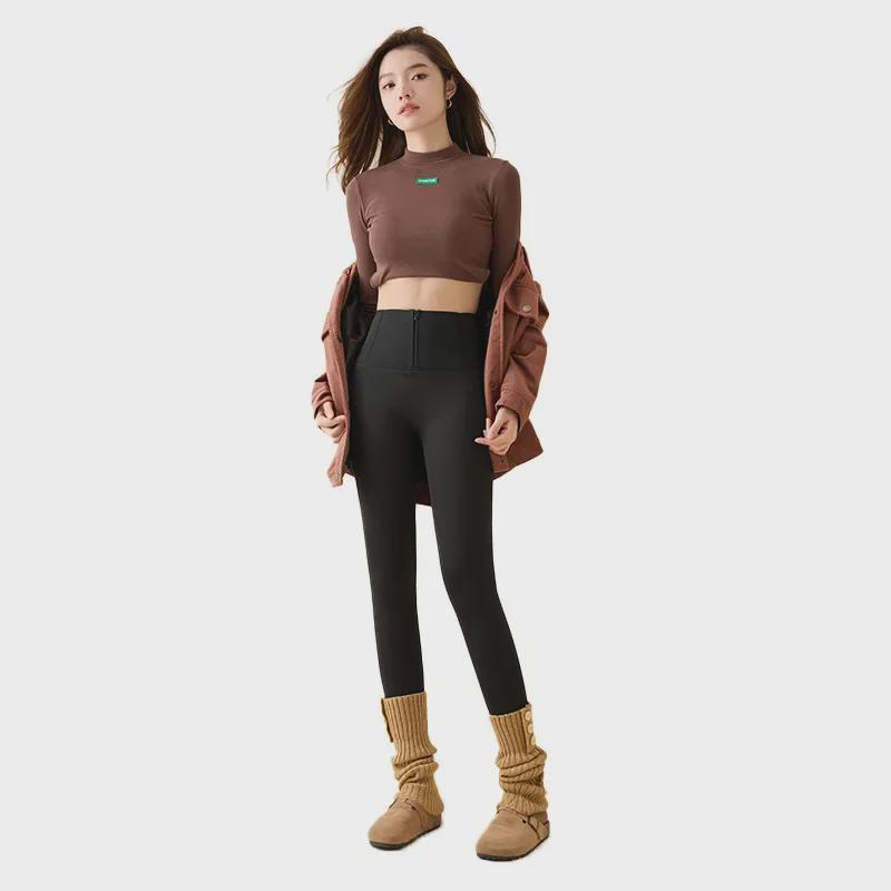 Korean Women's Autumn/Winter Velvet-Lined High-Waist Hip-Lifting Barbie-Style Buttoned Yoga Pants