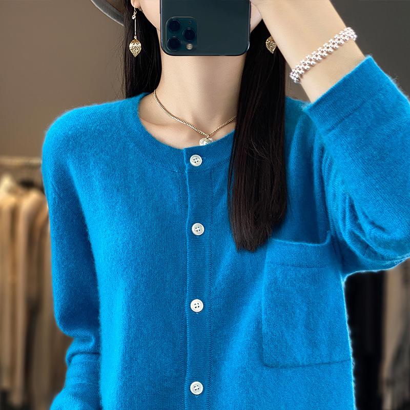 Round Neck Short Sleeve Long Sleeve Wool Cardigan Spring New Loose Fashionable Versatile Solid Color Knitted Top