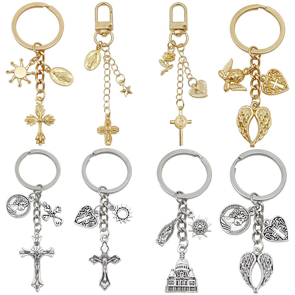 Antique Silver/KC Gold Heart Wings Cross Keychain Pendant