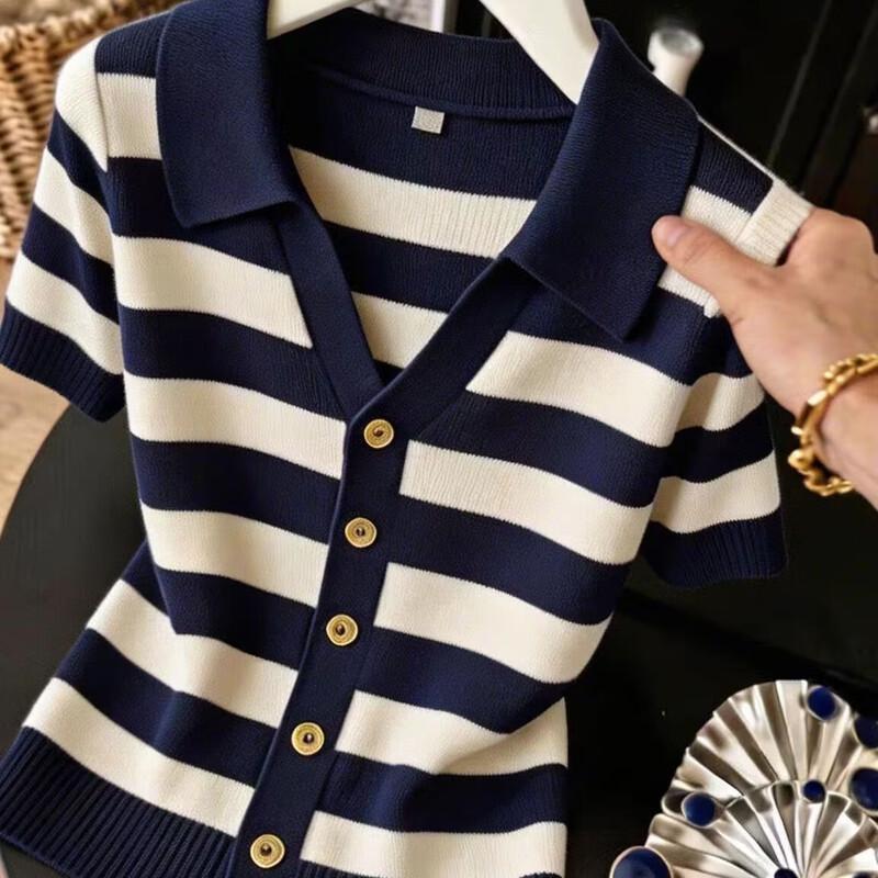 La Chapelle Women's Summer Thin Retro Striped Polo Knit Top