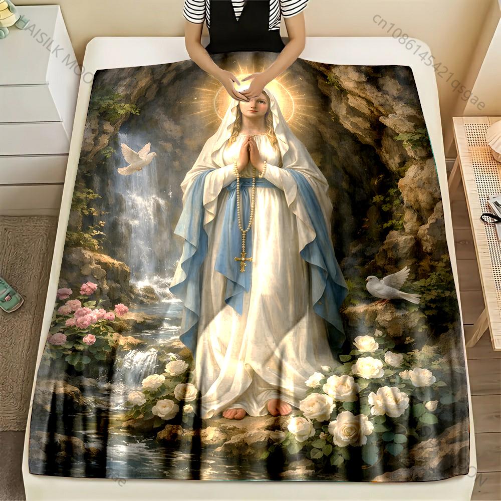 1PC Virgin Mary with Doves Print Blanket Warm Soft Fluffy Kids and Adult Sofa Bed Throw Blanket Outdoor Travel Camping RV