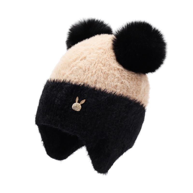 

Флисовая зимняя вязаная шапка с защитой ушей, шапка с двойным шерстяным помпоном, шерстяная шапка, облегающая голову, подчеркивающая лицо, маленькая утолщенная теплая шапка one size