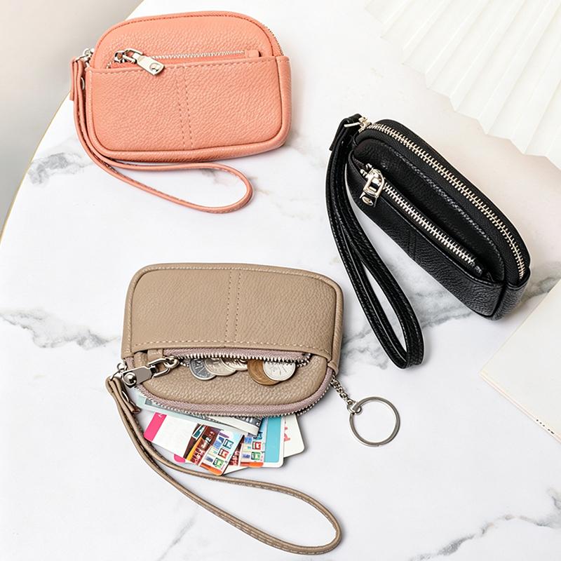 1Pcs Portable Pu Leather Women Mini Wallet Storage Bag Solid Color Students Coin Purse Large Capacity Zipper Wrist Key Bag