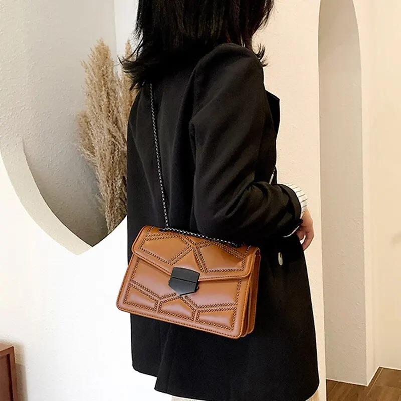 Vintage Rivet Chain Small Shoulder Bags For Women Flap PU Leather Fashion Small Square Crossbody Bag Designer Handbag