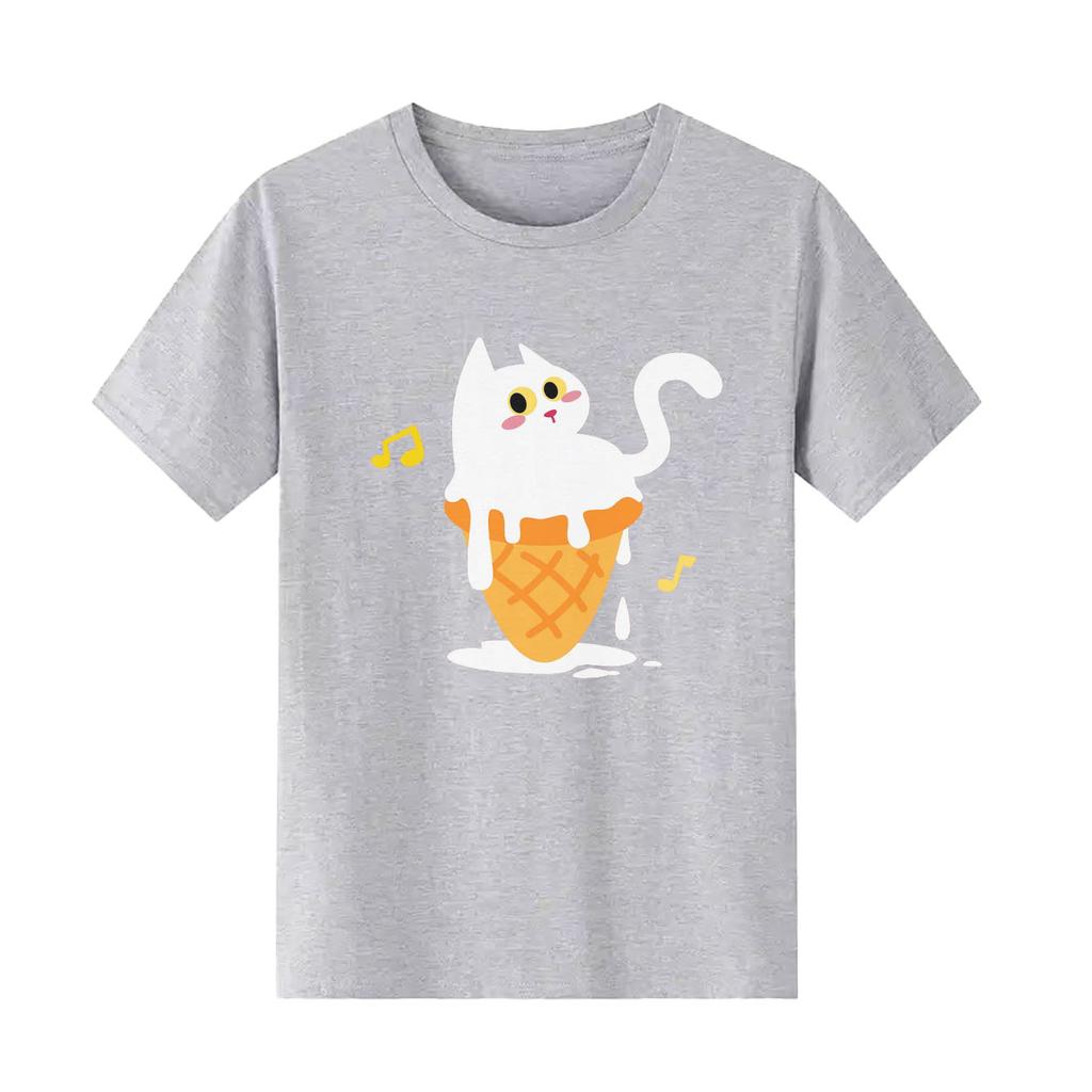 Cute ice cream white cat cartoon print pattern short sleeved round neck daily versatile Womens Tshirt