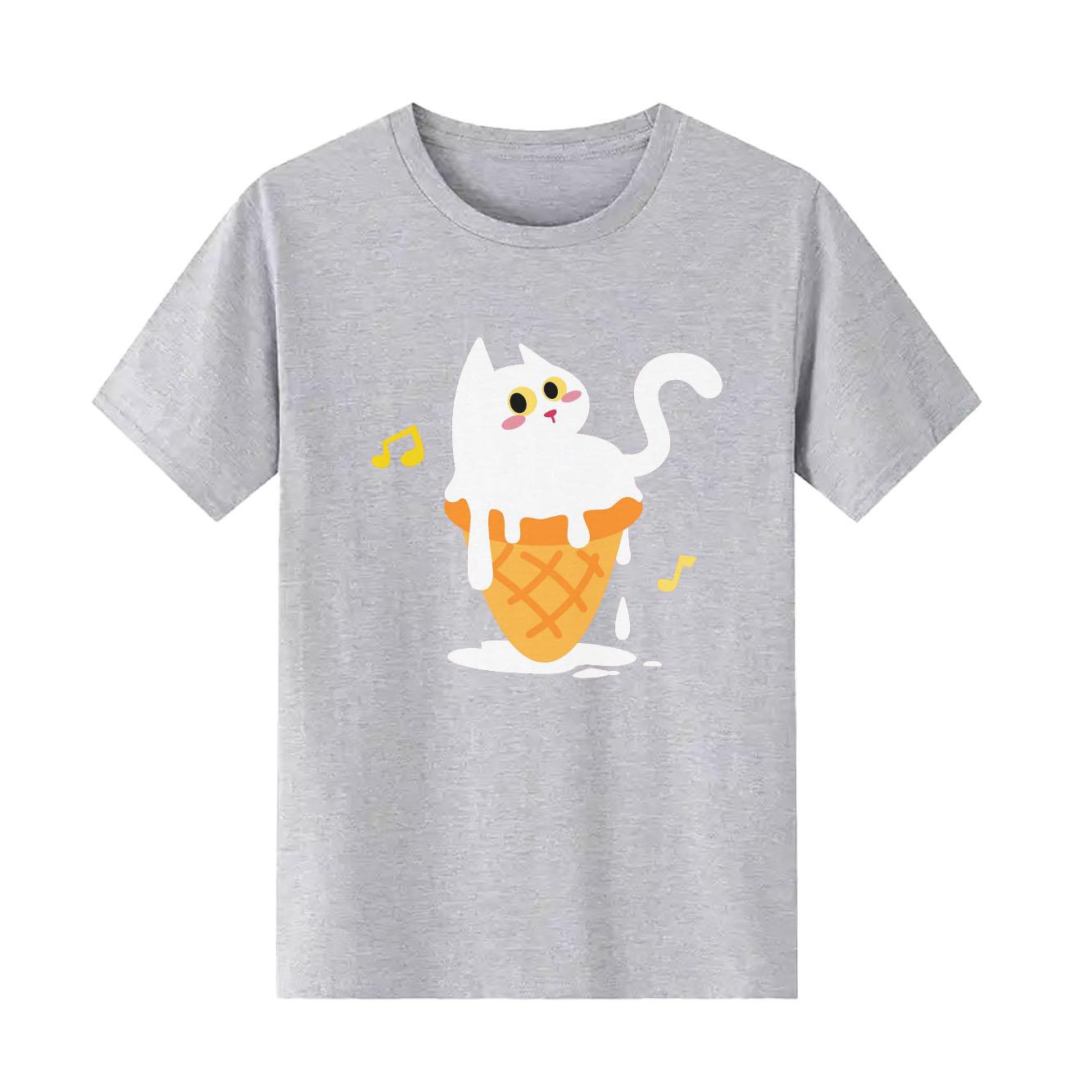 Cute ice cream white cat cartoon print pattern short sleeved round neck daily versatile Womens Tshirt S