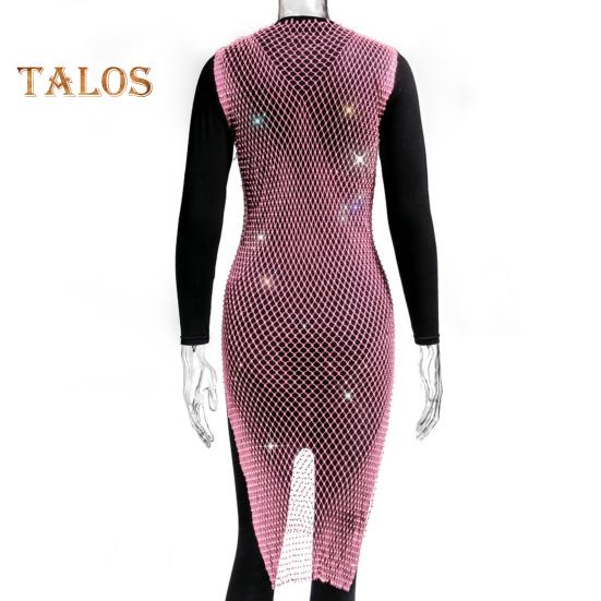 Vestido de rede de pesca com strass brilhante feminino sexy com fenda lateral vazada vestido de praia sem mangas lantejoulas festa biquíni saia