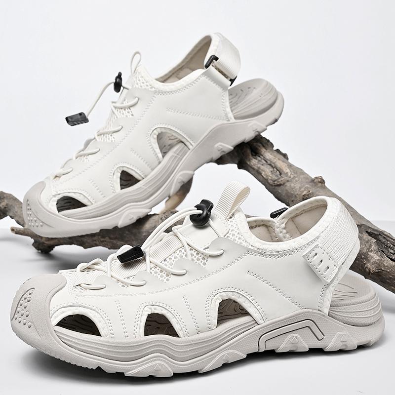 2025New Summer Outdoor Beach Breathable Casual Leather Shoes Italian Men Antiskid Round Toe Flat Designer Walking Sandal