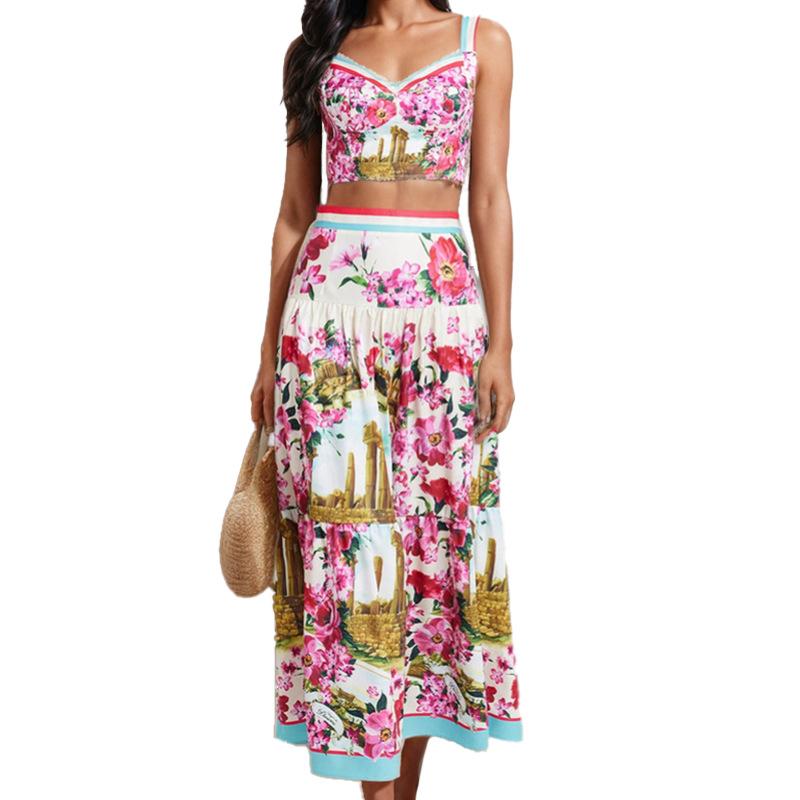 1116 Neue Sommerdamenbekleidung, Modeanzug, bedrucktes Schlauchoberteil, Trägeroberteil, High-Waist-Rockanzug.