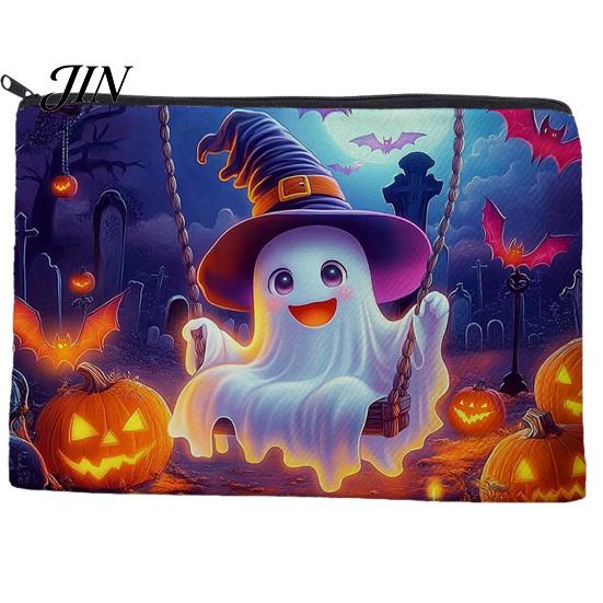 Durable Zipper Bag Halloween Storage Bag, with Colorful Cartoon Ghost Print, Canvas Trendy Makeup Large Capacity Lightweight Travel Toiletry Thick
