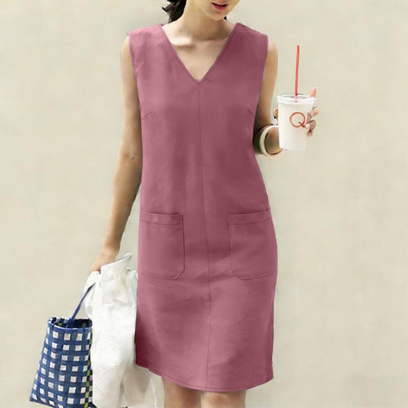 ZANZEA Women Casual V-Neck Summer Sleeveless Dress