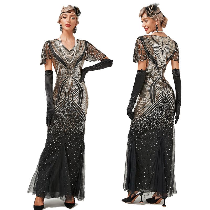 Spring and summer new banquet host European and American slim mesh sequined beaded evening dress fishtail dress