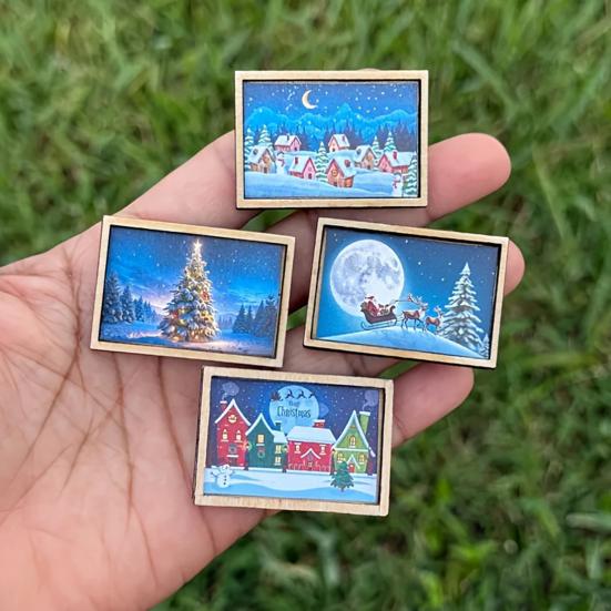Mini Framed Christmas Pictures Wooden Xmas Scenes Decorations Miniature Framed Christmas Ornaments for Festive Decor DIY Craft