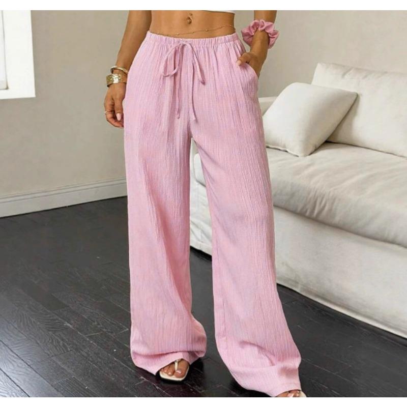 Women's Summer Casual Solid Color Textured Fabric Wide Leg Pants, Knot Waist Oblique Pocket Trousers
