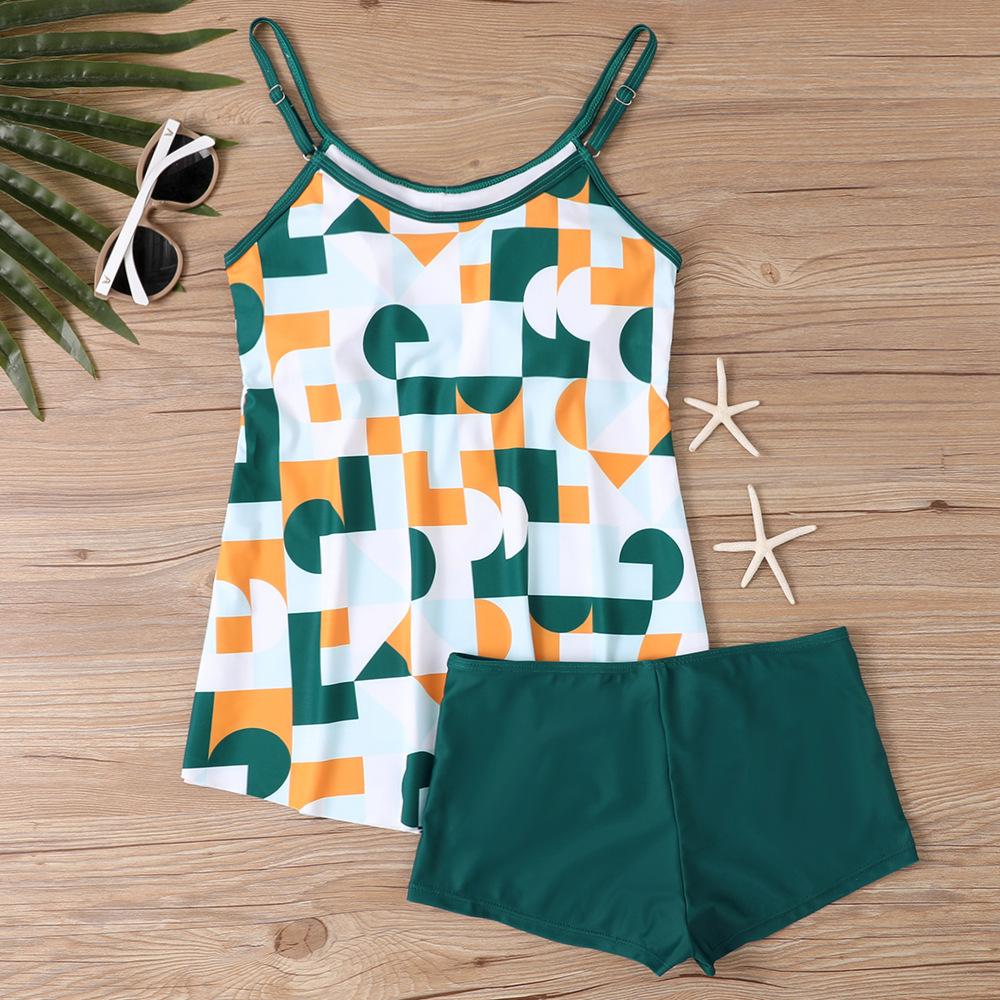 2-teiliges konservatives Tankini-Set Digitaldruck Bauchkontrolle Hohe Taille Boy Shorts Spaghettiträger Strand Badeanzug